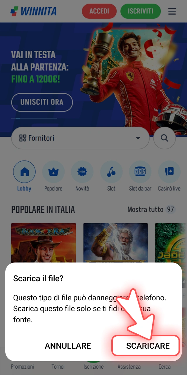 Accetta il messaggio di conferma nel popup del browser ufficiale Winnita.
