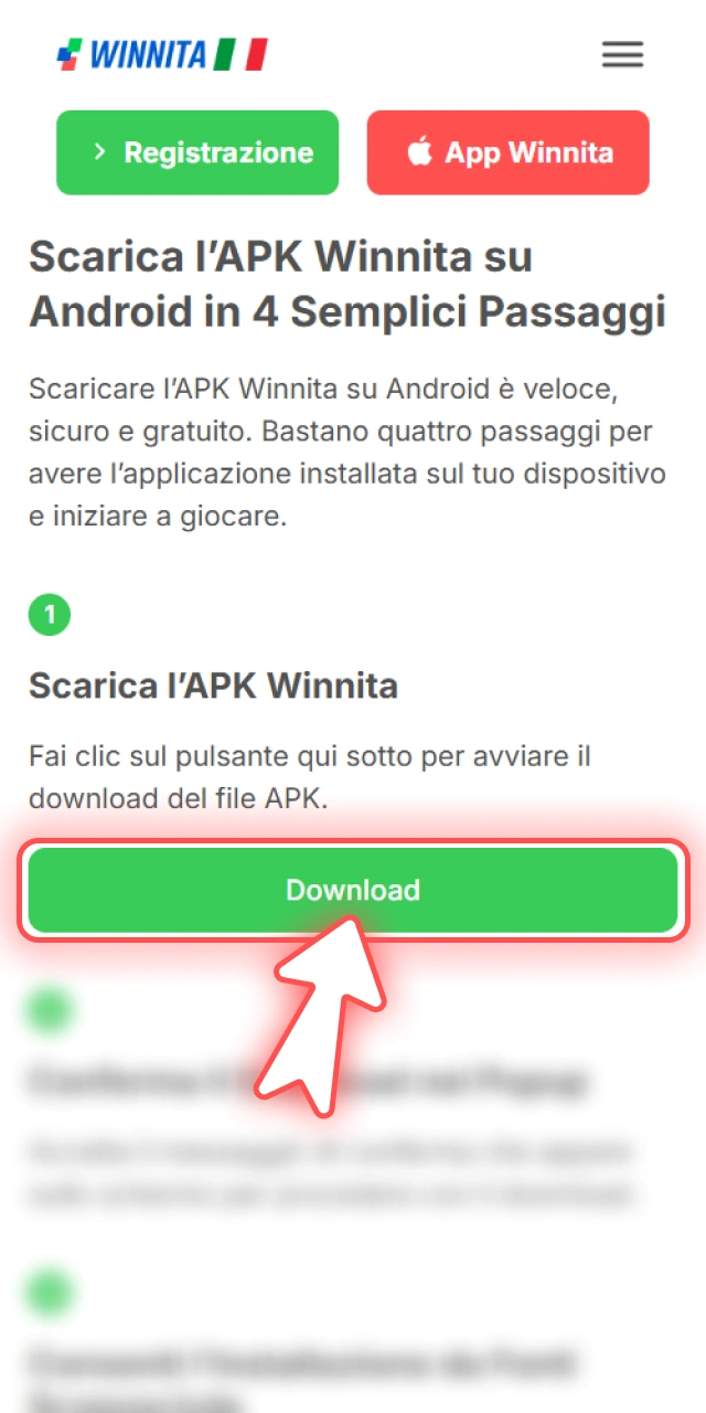 Avvia il download sicuro del file APK sul sito ufficiale Winnita.