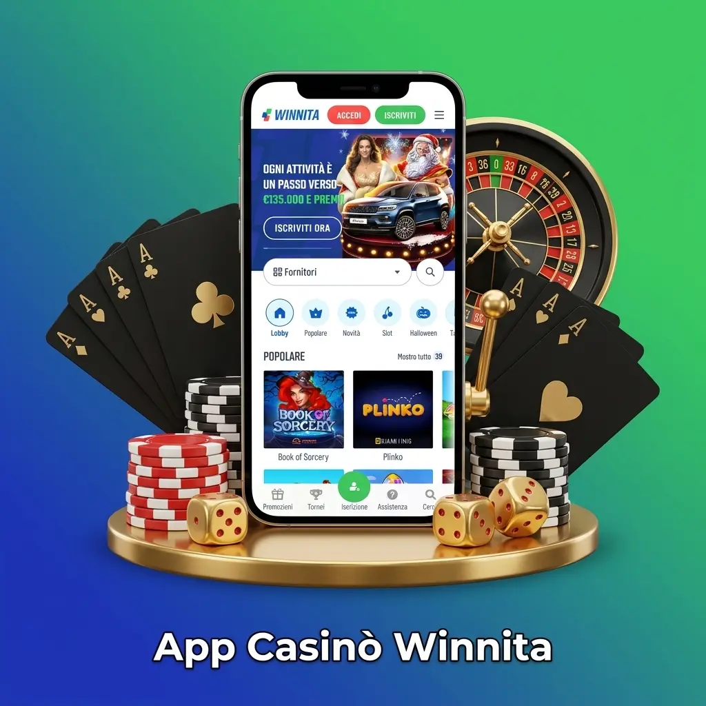 Schermata app casinò Winnita con slot, giochi da tavolo live e promozioni su mobile ottimizzato