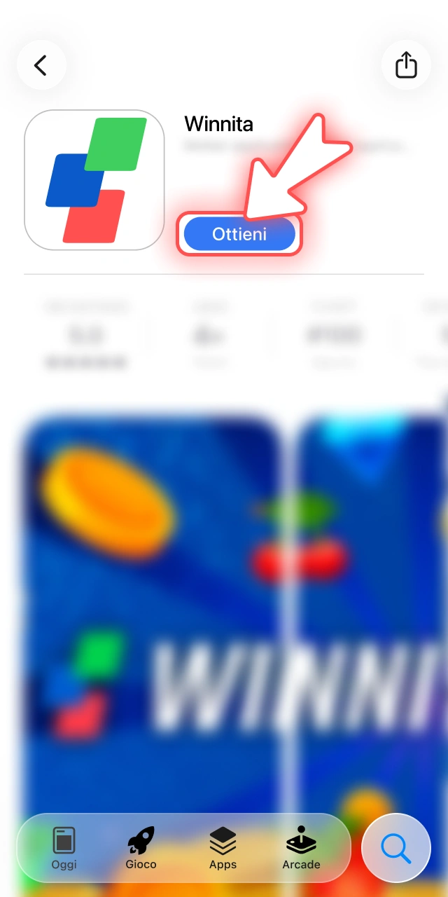 Tocca il pulsante ottieni nella scheda dell'applicazione mobile ufficiale Winnita.