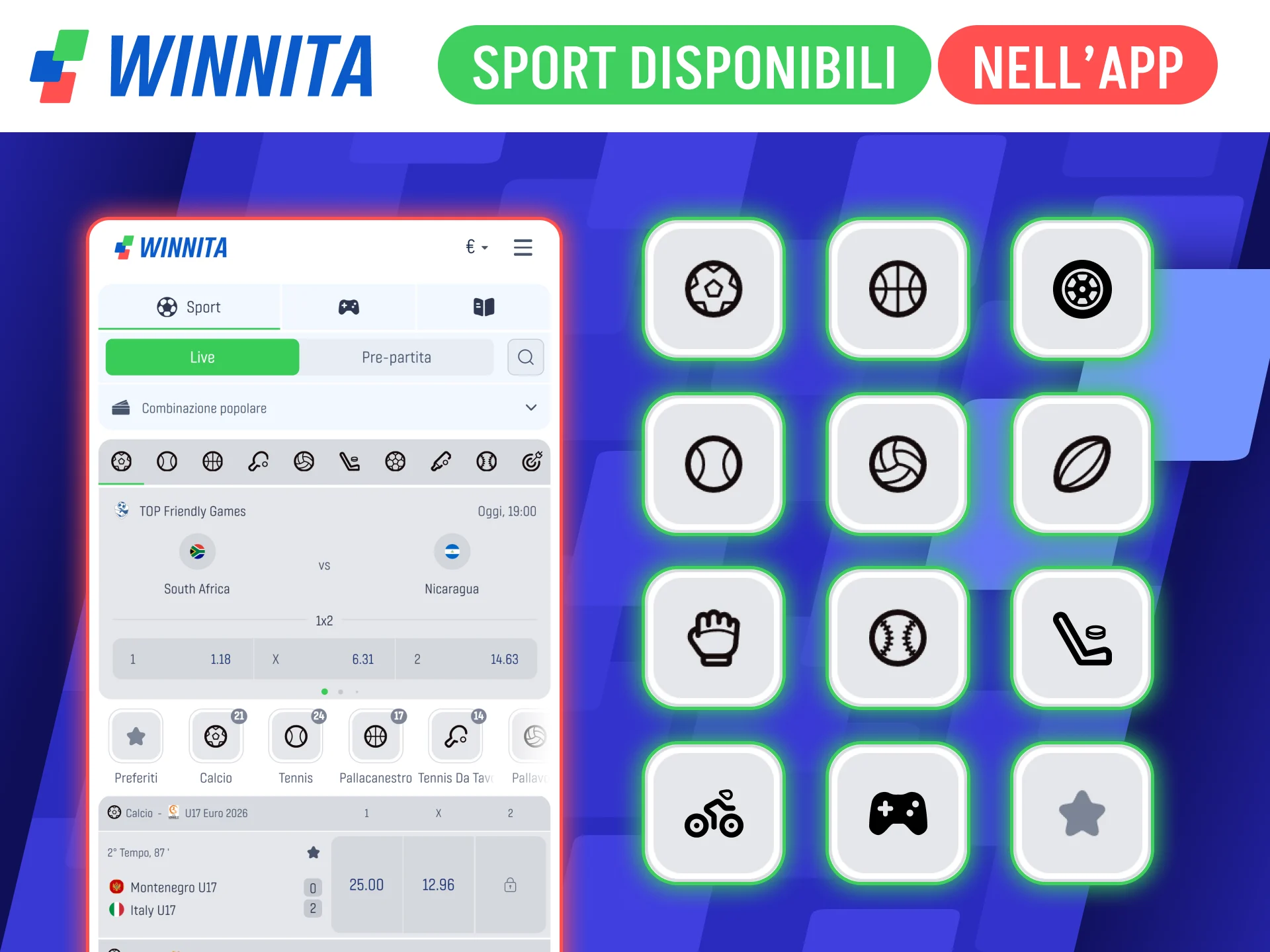 Scommetti sui tuoi sport preferiti tramite l'app ufficiale Winnita.