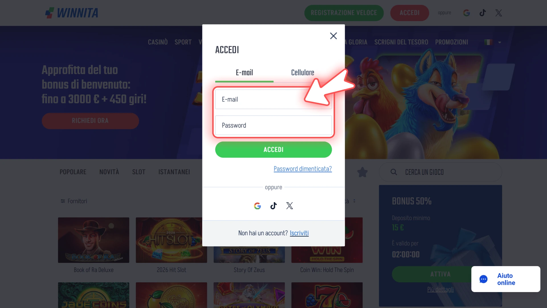 Inserisci i tuoi dati personali sulla pagina di login ufficiale Winnita.