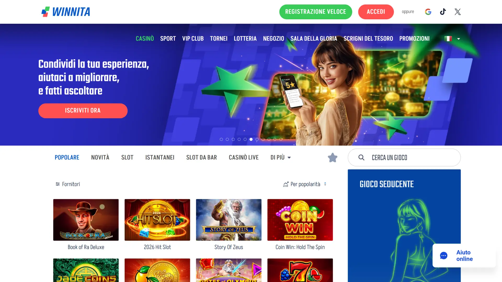 Esplora la pagina principale del portale web ufficiale Winnita.