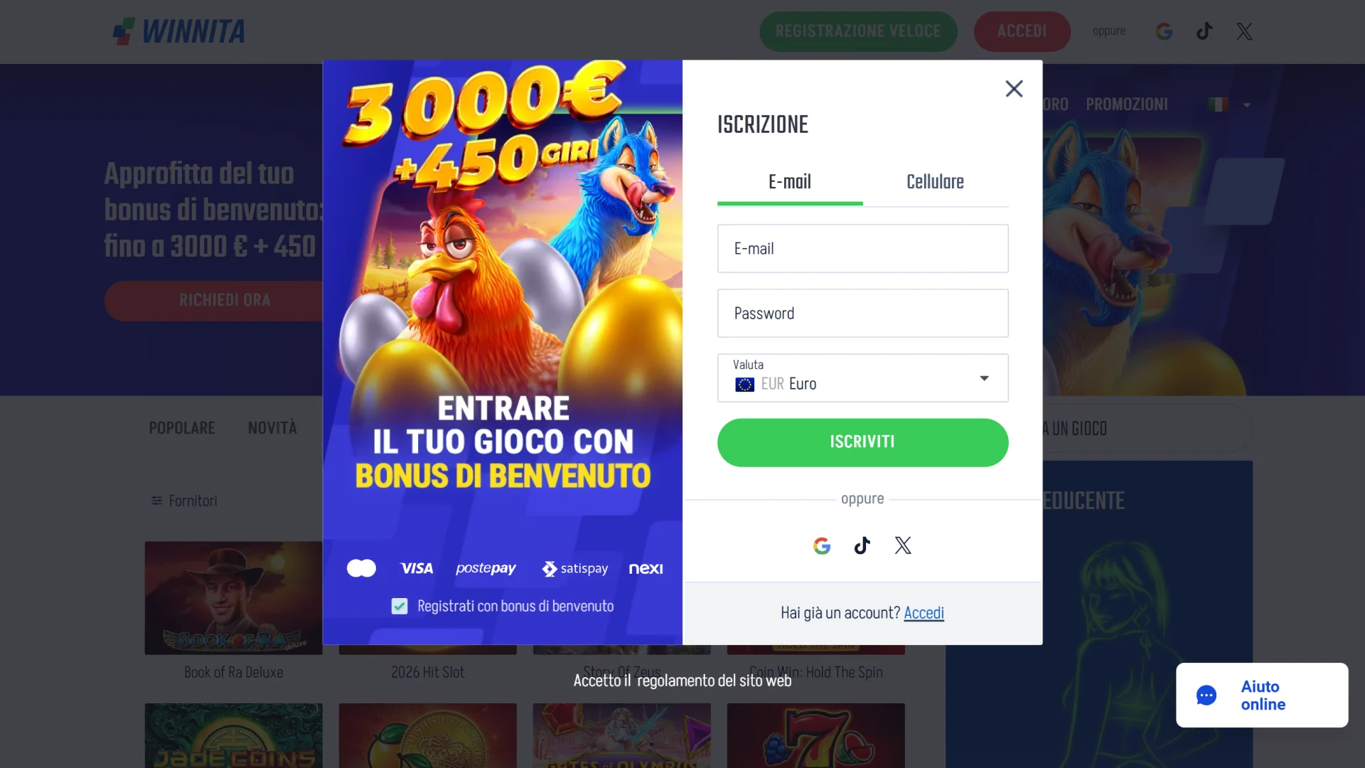 Apri un nuovo account sulla piattaforma di gioco ufficiale Winnita.