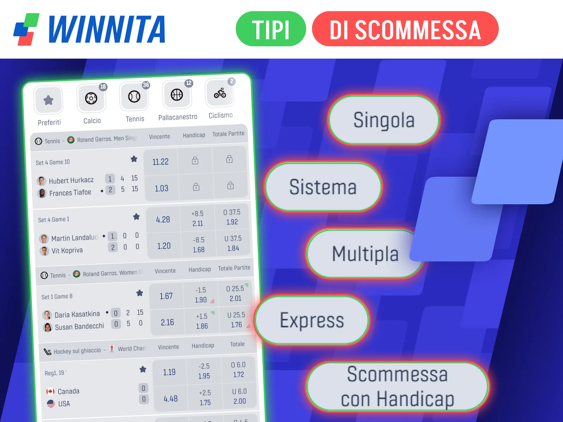 Seleziona i diversi tipi di scommessa sul palinsesto ufficiale Winnita.