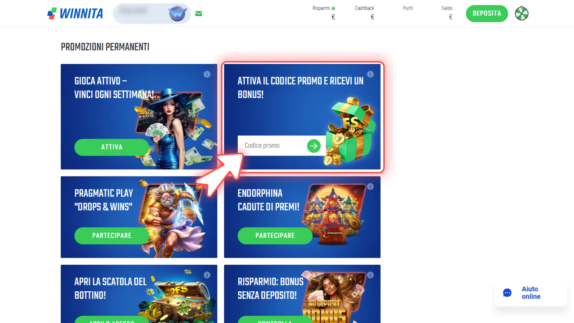 Inserisci il codice promozionale valido nel pannello ufficiale Winnita.