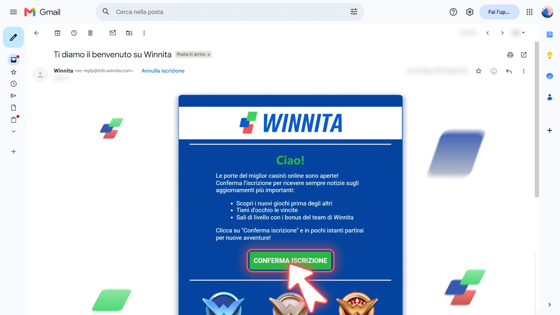 Attiva il tuo nuovo conto personale tramite l'email ufficiale Winnita.
