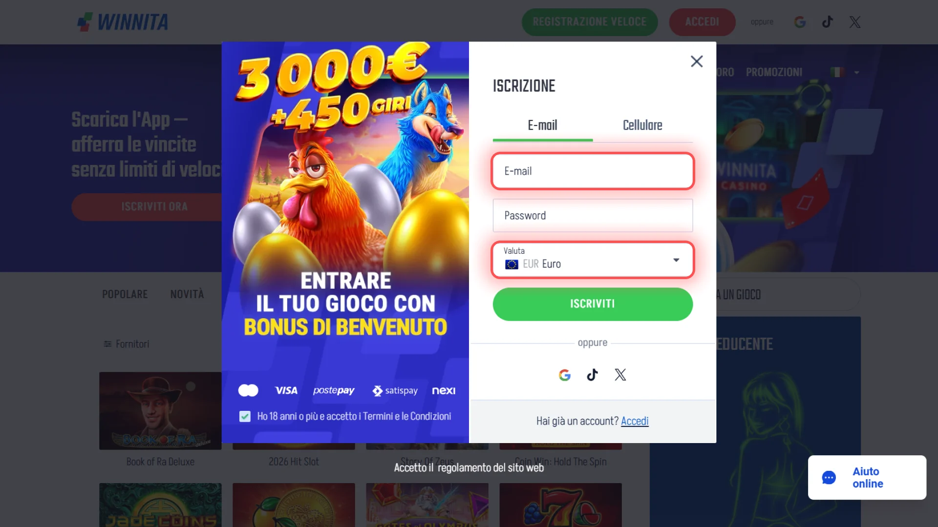 Inserisci i tuoi dati personali nel modulo d'iscrizione ufficiale Winnita.